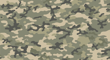 Fototapeta premium Classic woodland camouflage pattern features irregular shapes in earthy tones of tan brown and green for military and outdoor clothing design.