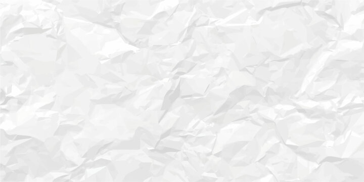 Detailed close up of white crumpled paper texture featuring wrinkled folds, soft gray creases and abstract blank sheet surface background for creative design and templates.