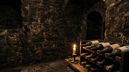 Obraz premium authentic dark wine cellar background with a glass of red wine bottles on a rack and candle