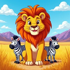 Obraz premium Cartoon lion sits with zebras in African savanna field. Animals pose for picture under blue sky with clouds and mountains. Wild nature scene.