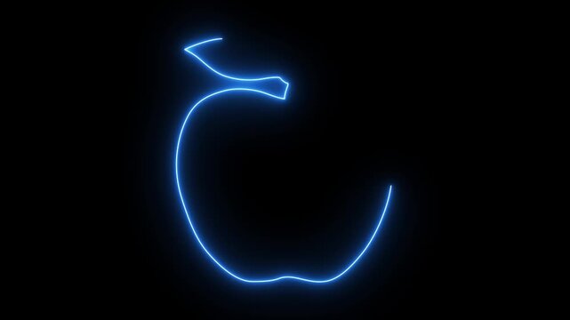 A glowing neon apple silhouette against a dark background.4k video.