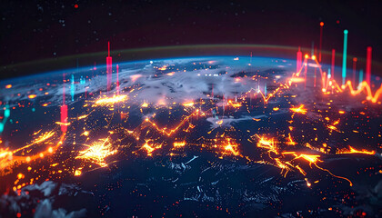Fototapeta premium Global Financial Market Visualization: A dynamic representation of Earth at night, overlaid with glowing lines and rising bar charts.