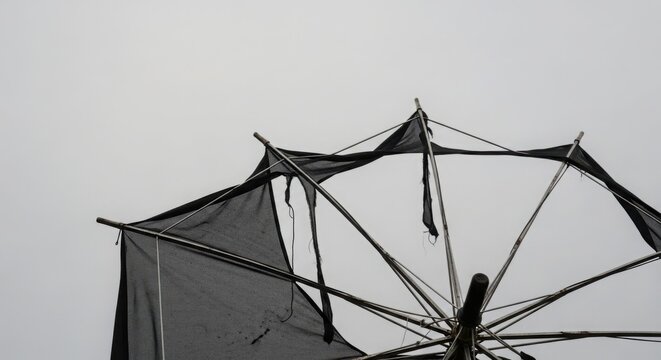 Broken umbrella with damaged canopy and exposed frame under gray sky. Worn umbrella shows signs of wear and tear, featuring torn fabric and bent spokes. Concept of broken items during rainy weather.