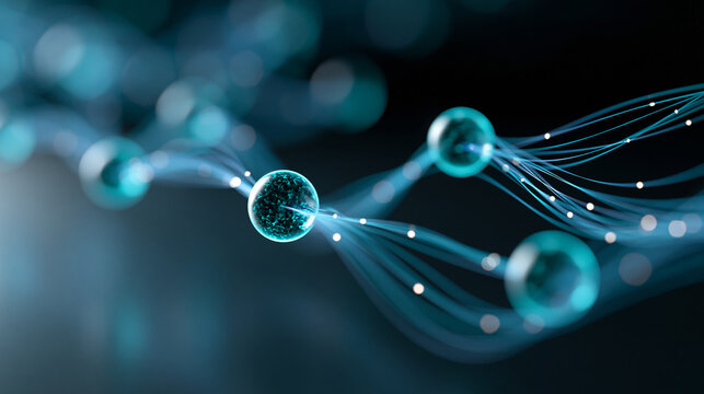 Abstract holographic quantum computing visualization showing qubits represented as glowing spheres connected by entangled data streams, next-generation computing technology