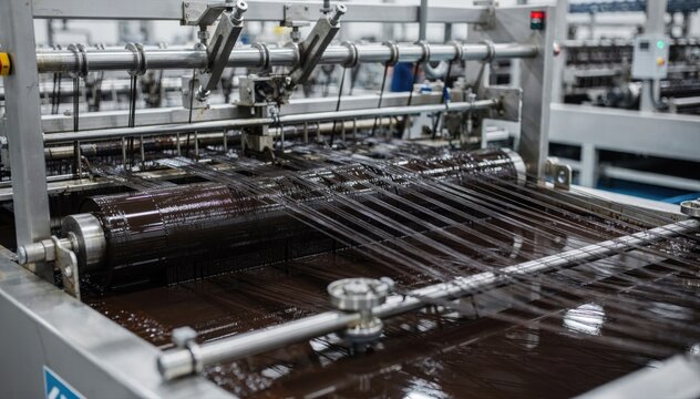 Continuous line of cords being dipped in resorcinol adhesive in a medium shot emphasizing the automated production flow for efficient rubber bonding.