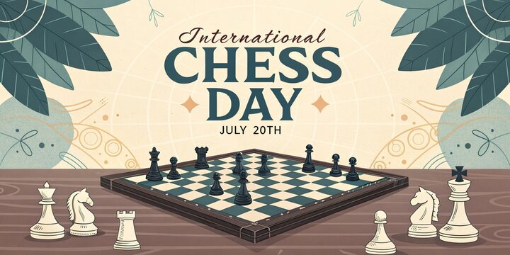 International Chess Day poster with chessboard strategy game and geometric decorative elements