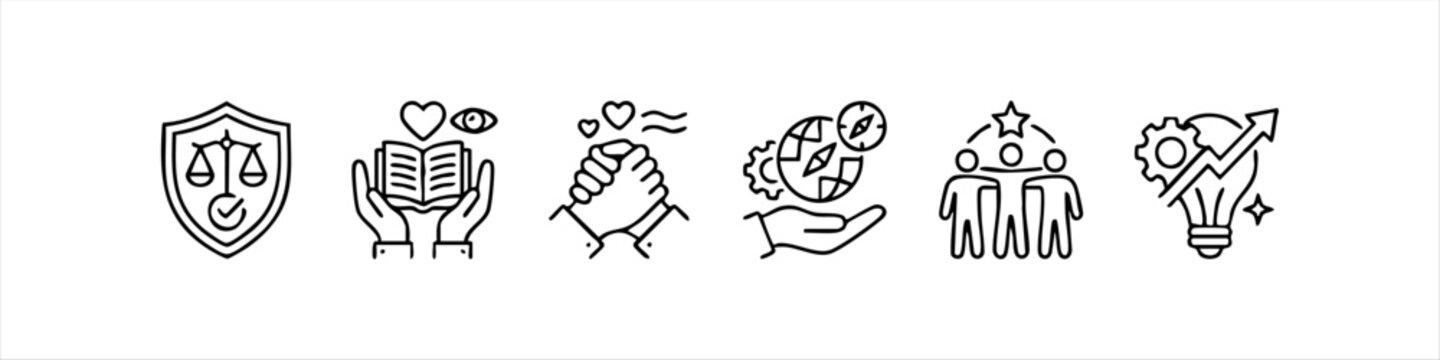 Collection of core business value line icons representing integrity, empathy, collaboration, global strategy, teamwork, and innovative growth. Ideal for corporate branding and web design.