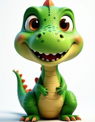 Fototapeta premium Friendly green cartoon dinosaur smiles happily. This cute, prehistoric reptile has big eyes and a playful grin. It sits, ready for adventure or educational content. Its scaly skin is vibrant green.