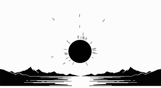 Mysterious solar eclipse over tranquil water and distant mountains