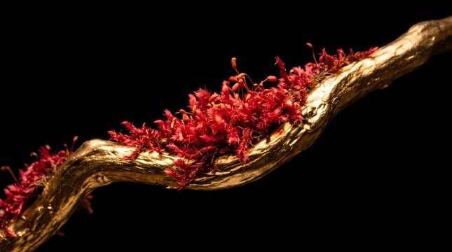 Red moss on gold branch, Luxury floral nature background, Glowing ruby red moss growing on metallic gold surface , generative AI