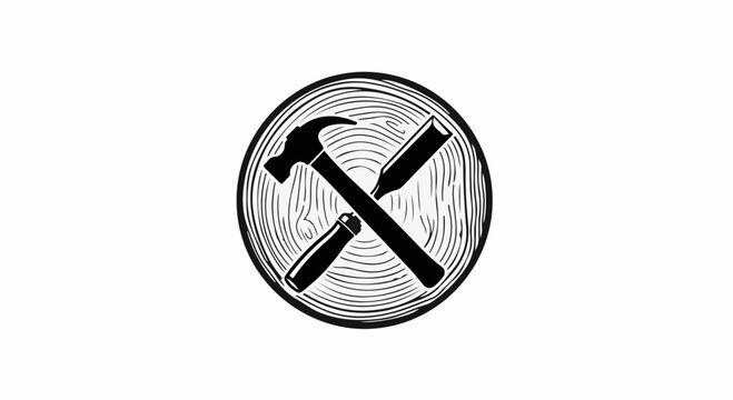 Rustic woodworking emblem with crossed hammer and chisel on wood grain background
