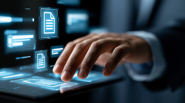 Anonymous hand interacting with a floating digital document management interface with file icons and futuristic hologram elements on a dark background, defocused, with copy space