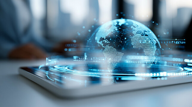 Futuristic holographic display projecting global data around a glowing world map on a sleek table, international business intelligence concept, defocused, with copy space