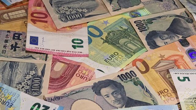 Euro and Japanese yen currency exchange and Europe Asia trade concept