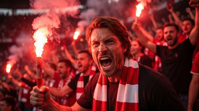  Passionate male soccer fan screaming and holding a burning red flare in a stadium. Aggressive supporter with unbranded red and white scarf. Football hooliganism and intense sports emotion concept