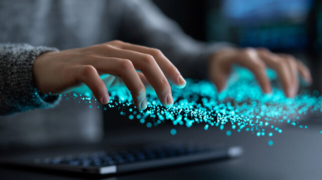 Anonymous data scientist manipulating a three-dimensional holographic scatter plot chart with both hands in a dark analytics control room, advanced data science concept, faceless,