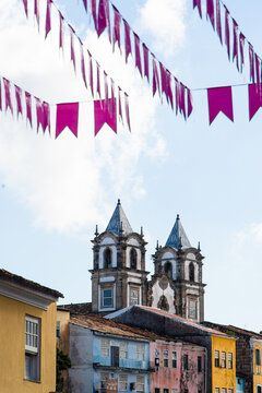 Pink flags and church towers in Pelourinho