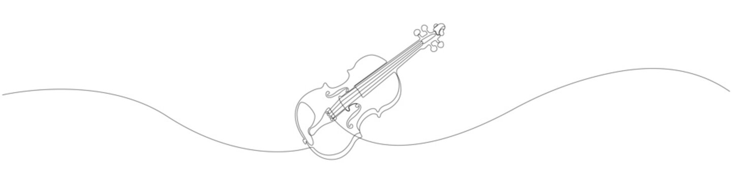 One line drawing of a classical violin instrument, continuous line art string fiddle icon, minimalist single stroke contour showing modern line illustration with a hand-drawn look.