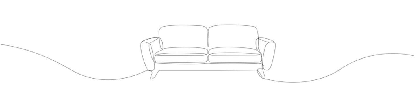 Minimalist one line drawing of a modern living room sofa, single line illustration of comfortable couch furniture designed in continuous stroke with clean contour and abstract linear silhouette.