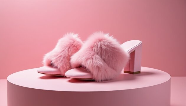 Pink furry mule heels on a pastel display stand. These women fashion shoes have plush faux fur straps and block heels. Perfect for style, luxury, and beauty concepts.