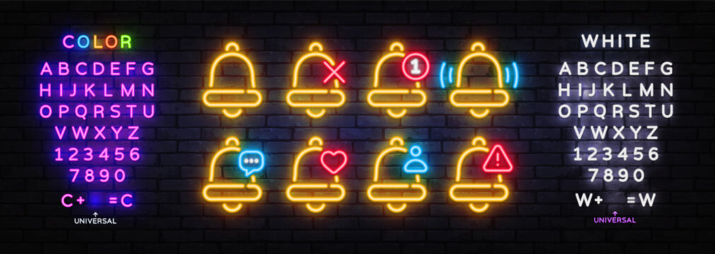 Neon yellow notification bell icon set with mute, counter, heart, message and warning badges on brick wall background. Glowing UI kit includes editable color and white alphabet