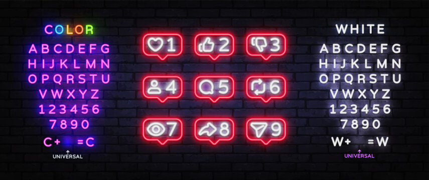 Neon red social media notification bubble set with like, dislike, comment, follow, share and view icons on brick wall. Glowing UI kit includes editable color and white alphabet for app