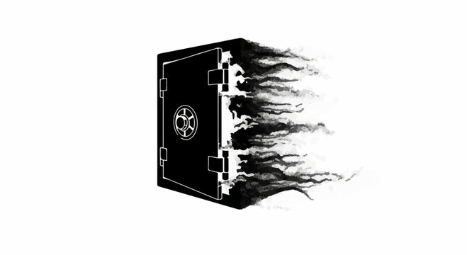 Secure vault dissolving into abstract smoky wisps, representing data loss or security breach.