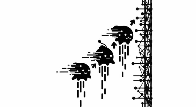 Cute black blob characters ascend a digital network with determination and speed.