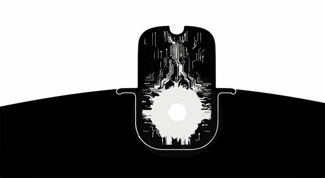 Abstract digital art depicting a black hamsa hand with glowing light and intricate patterns