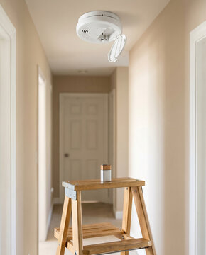 Open smoke detector with fresh battery on step stool