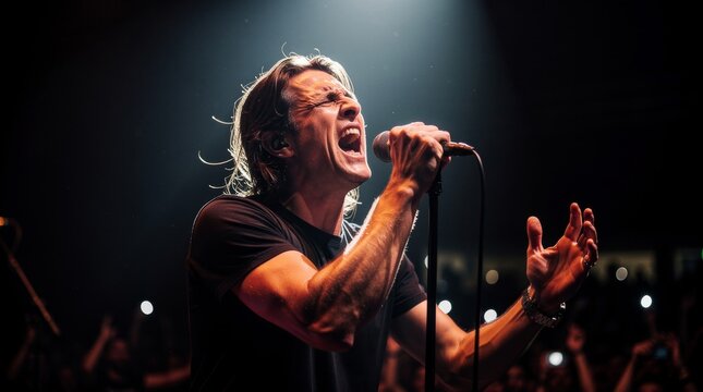 Passionate male singer performing live on stage with microphone