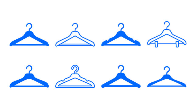 Blue Minimalist Clothes Hanger Vector Icons, Modern Garment Rack Symbols, Stylish Wardrobe and Fashion Elements, Retail Store and Laundry Service Graphics
