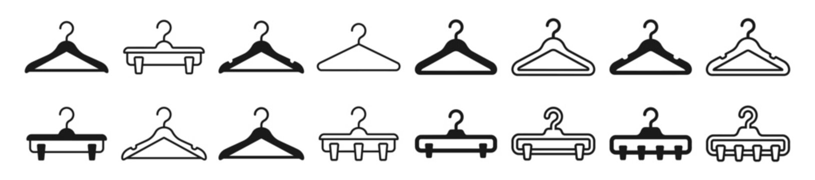 Clothes hanger icon set. Wardrobe and fashion boutique rack symbols. Garment storage and laundry service icons. Vector illustration. Vector Graphic. 