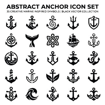Abstract anchor icon set creative marine inspired black vector symbols