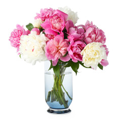 Fototapeta premium Bouquet of colorful peonies with green leaves in vase isolated on white