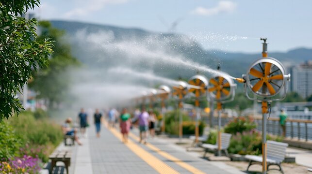 Outdoor sprinklers water a paved walkway.