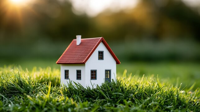 Tiny house rests on vibrant green grass.