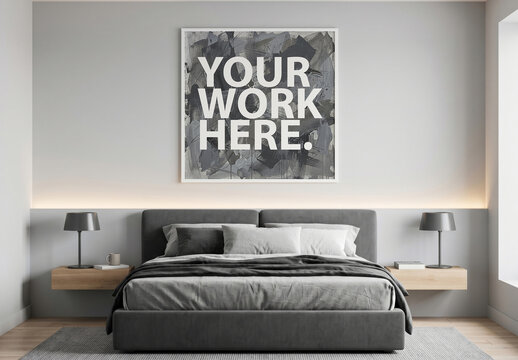 Square Poster Frame Mockup above bed in modern bedroom