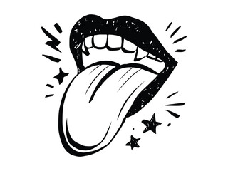 Pop art mouth with extended tongue in grunge textured. Vintage sticker featuring lips and teeth, perfect for punk rock graphics, grunge posters and retro cartoon designs. Crayon vector illustration © Olga Rai