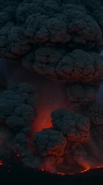 Vertical video: Erupting vent initiating ash plume rising at night, revealing lightning and embers