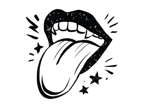 Pop art mouth with extended tongue in grunge textured. Vintage sticker featuring lips and teeth, perfect for punk rock graphics, grunge posters and retro cartoon designs. Crayon vector illustration