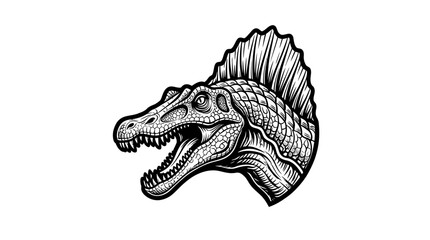 Naklejka premium Spinosaurus Dinosaur Head Illustration Black and White.