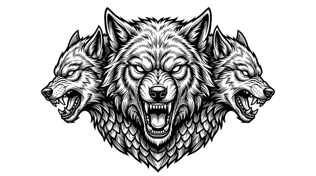Three headed wolf illustration fierce expression aggressive snarling.