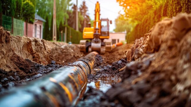 Large diameter water main installation in excavated\