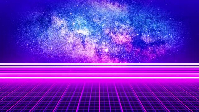 Retro 80s synthwave style background with glowing neon grid and cosmic nebula.