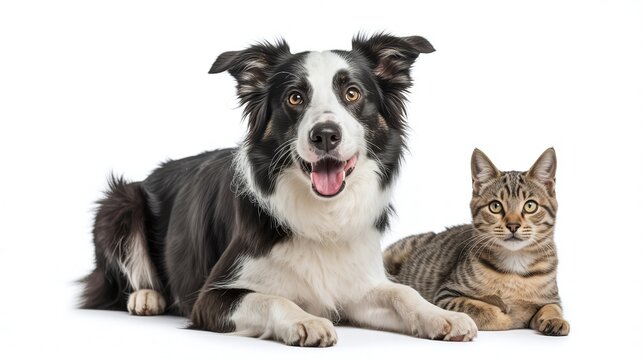 Border collie dog tabby cat sitting together isolated white background pet friends