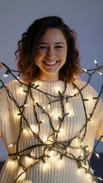 Vertical video: Smiling woman in cream sweater holding string lights as camera pulling back in room