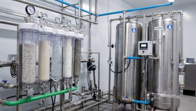 Medium shot of pretreatment tanks with cartridge filters in water filtration area capturing detailed filtration process ensuring highquality feedwater for ice production. Medium