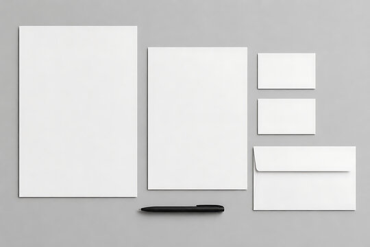 Minimalist corporate stationery mockup, blank white letterhead and business cards, professional branding identity set with envelope and pen isolated on White Background ai