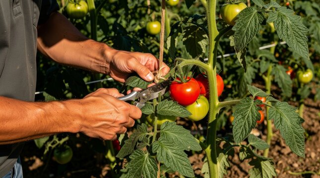 Gardener harvesting ripe red tomatoes with secateurs from vine